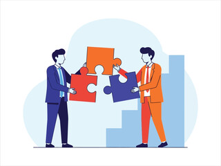 Two businessmen in suits connect large puzzle pieces, symbolizing teamwork, strategy, and problem-solving.