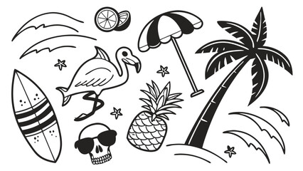 Naklejka premium Black and White Summer Beach Doodle Elements Illustration.
