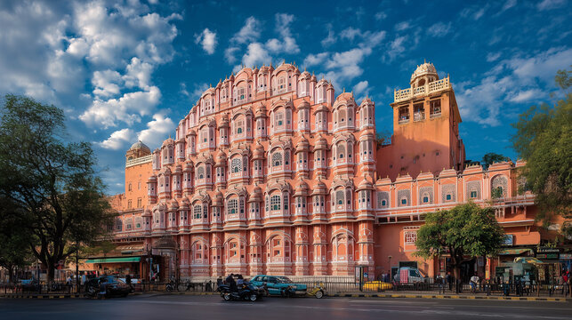 Jaipur&rsquo;s Hawa Mahal with vibrant pink tones under blue sky