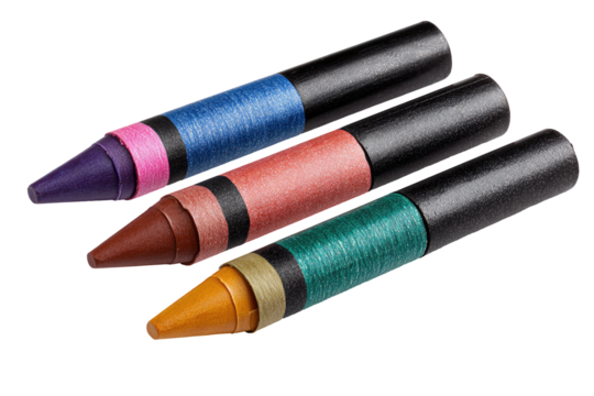 Four colorful crayons, various shades, angled view