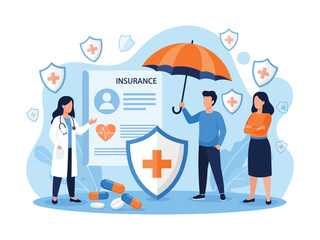 A doctor explains a health insurance policy to a couple who are protected by a large shield and an umbrella.