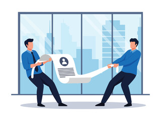 Two businessmen in an office compete in a tug-of-war over a candidate's long resume.