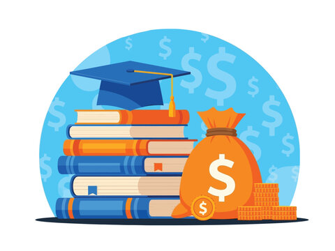 A graduation cap on a stack of books beside a money bag, symbolizing education costs and funding.
