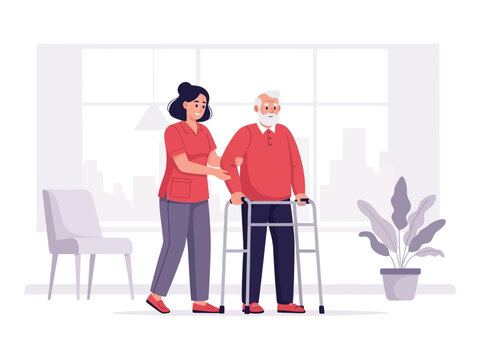 A compassionate female caregiver assists an elderly man with a walker in a bright room.