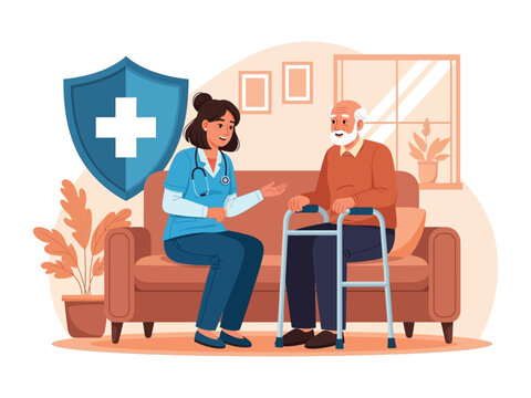 A nurse consults with an elderly patient on a sofa, symbolizing senior healthcare and insurance.