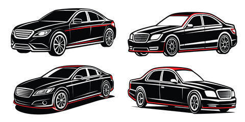 Luxury Car Icon Set, Black Vector Sedan Illustrations with Red Accents