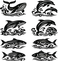 Fototapeta premium Marine Animal Tribal Tattoo Set – Whale, Dolphin, and Fish Designs