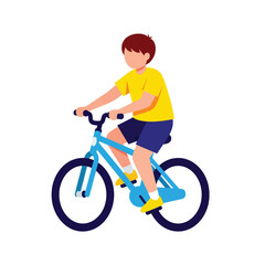 A young boy with brown hair wearing a yellow shirt rides a blue bicycle.