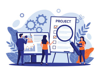 A business team collaborates on project management, analyzing data on a screen and reviewing a checklist.