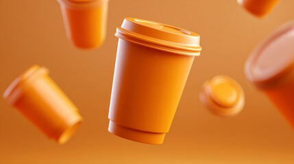 Series of orange coffee cups are floating in the air. The cups are made of plastic and have lids. The scene is set against a bright orange background, giving it a warm and inviting atmosphere