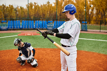 Two teenage boys enjoy a game of baseball on a vibrant autumn afternoon