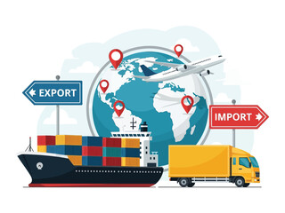 Global logistics concept with a cargo ship, truck, and airplane illustrating import and export trade around the world.