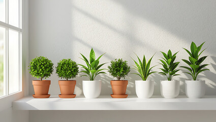 Fototapeta premium Row of potted green plants on a windowsill with sunlight casting shadows