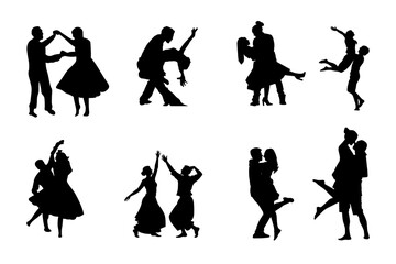 Obraz premium Eight couples dancing in silhouette isolated on transparent background