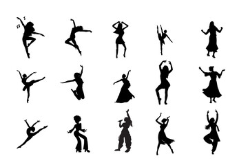 Collection of diverse dancing silhouettes isolated on transparent background