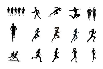 Collection of running and jumping human silhouettes isolated on transparent background silhouette