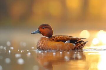 Elegant brown duck swimming on calm water du sunset with warm golden light reflecting, natural outdoor wildlife scene with detailed feather textures