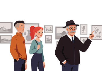 Fototapeta premium Vector Illustration of Visitors and Guide in an Art Gallery in Modern Style