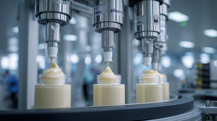 Automated cosmetic cream filling nozzles deposit silky lotion into clear jars along a gleaming production line. Represents precision manufacturing that guarantees hygiene consistency