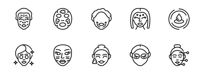 Collection of Minimalist Line Art Icons: Diverse Women's Faces, Skincare Treatments, and Facial Masks; Modern, Clean Aesthetic for Beauty, Wellness, and Spa Branding.