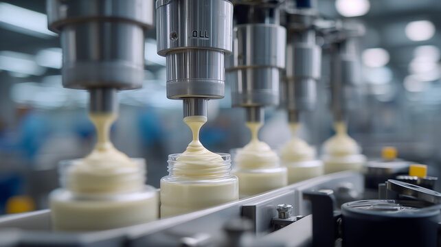 Automated cosmetic cream filling nozzles deposit silky lotion into clear jars along a gleaming production line. Represents precision manufacturing that guarantees hygiene consistency
