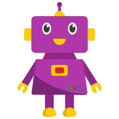 Cartoon illustration of a purple robot with yellow arms and feet, featuring a simple, friendly smile and large, expressive eyes.