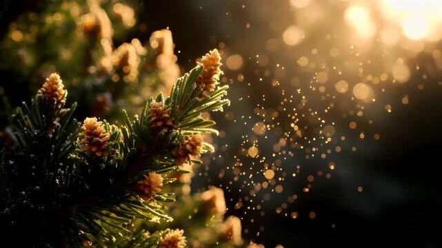 Spring pollen allergy. A closeup of a pine tree branch covered in snow during what appears to be the golden hour, with the sun casting a warm, golden hue over the scene.
