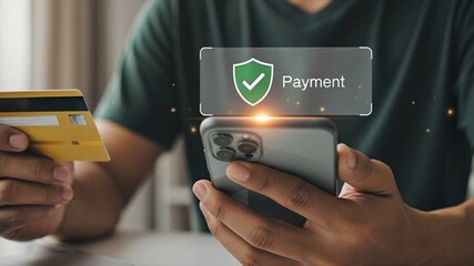 Mobile Payment Confirmation: A close-up shot captures a hand holding a smartphone, with a payment confirmation screen and credit card, illustrating a secure digital transaction. - Powered by Adobe