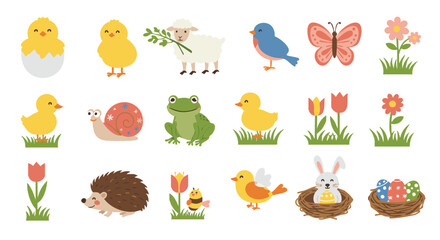 Fototapeta premium Spring animals for Easter flat icon set vector isolated