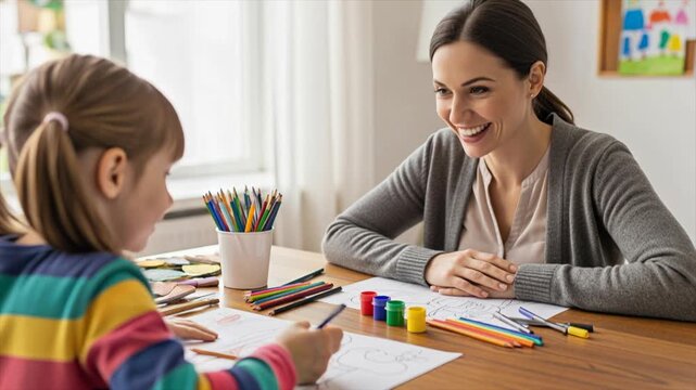 Nurturing Minds: A caring therapist fosters a child's creativity and emotional well-being during a supportive counseling session, fostering growth and understanding.