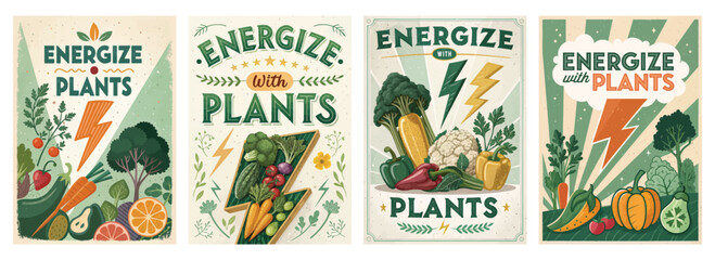 Set of four posters featuring vintage vegetables and dynamic typography