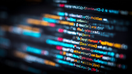 Vibrant source code glows on a dark monitor during intensive software development and debugging. Emphasizes the creativity logic and cybersecurity focus central to modern programming