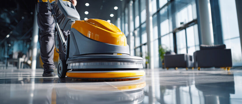 Expert cleaning enhances polished floors in modern office building business center