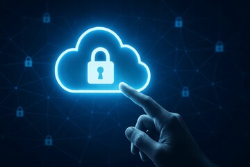 Hand touching a glowing cloud with a padlock on a dark blue background