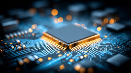 Cutting edge microprocessor anchors a dense network of gold pinned connections.
Symbolizes the processing power and engineering finesse fueling next generation computing technology.