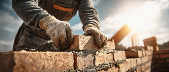 Crafting a sturdy brick wall under the bright sun with skilled hands at a dynamic construction site