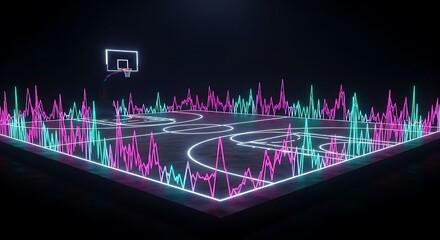 Neon basketball court with dynamic data visualization.