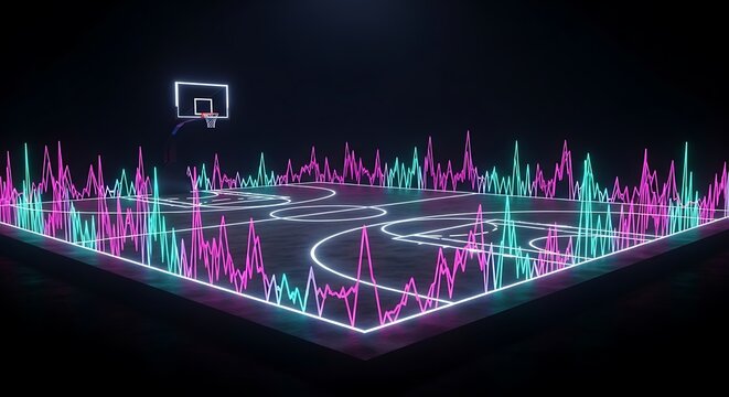 Neon basketball court with dynamic data visualization.