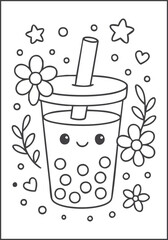 Kawaii bubble tea coloring page, cute boba drink character line art illustration for kids, fun cartoon printable for children, black and white activity sheet, coloring book vector