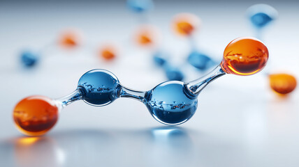 Glass like blue and orange atoms join in a sleek molecular chain suspended against a soft gradient. Symbolizes chemical bonding and the elegant complexity at the heart of scientific discovery