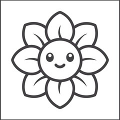 Kawaii flower coloring page, cute smiling flower cartoon line art illustration for kids, adorable black and white floral printable, children’s activity sheet, fun coloring book vector