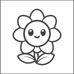 Kawaii flower coloring page, cute smiling flower cartoon line art illustration for kids, adorable black and white floral printable, children’s activity sheet, fun coloring book vector