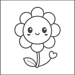 Kawaii flower coloring page, cute smiling flower cartoon line art illustration for kids, adorable black and white floral printable, children’s activity sheet, fun coloring book vector