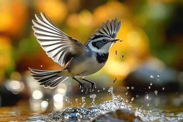 Obraz premium Close-up of a small black and white bird with outstretched wings splashing water in a natural outdoor setting du daylight with vibrant background