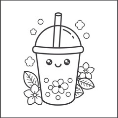 Kawaii bubble tea coloring page, cute boba drink character line art illustration for kids, fun cartoon printable for children, black and white activity sheet, coloring book vector