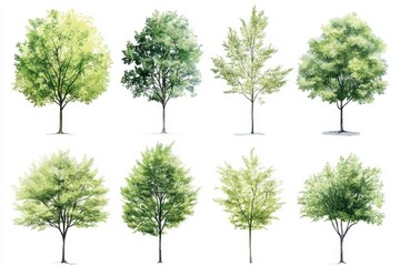 Obraz premium A collection of various tree illustrations showcasing different shades of green and foliage styles, arranged in a grid format.