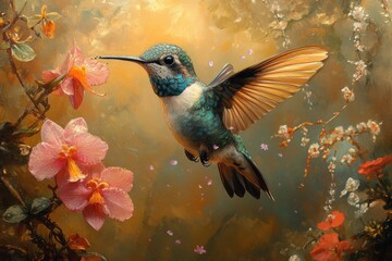 Fototapeta premium Vibrant hummingbird with iridescent feathers hove near pink and orange flowers amidst a dreamy natural background with soft lighting and lush foliage