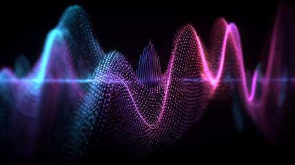 Neon point cloud waves ripple across a dark horizon forming a dynamic data landscape. Visualizes artificial intelligence processing vast information streams in a futuristic cyberspace.