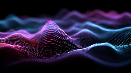 Neon point cloud waves ripple across a dark horizon forming a dynamic data landscape. Visualizes artificial intelligence processing vast information streams in a futuristic cyberspace.