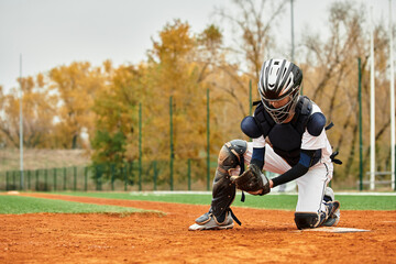 Energetic teenage boy focused on catching a baseball in a vibrant autumn field